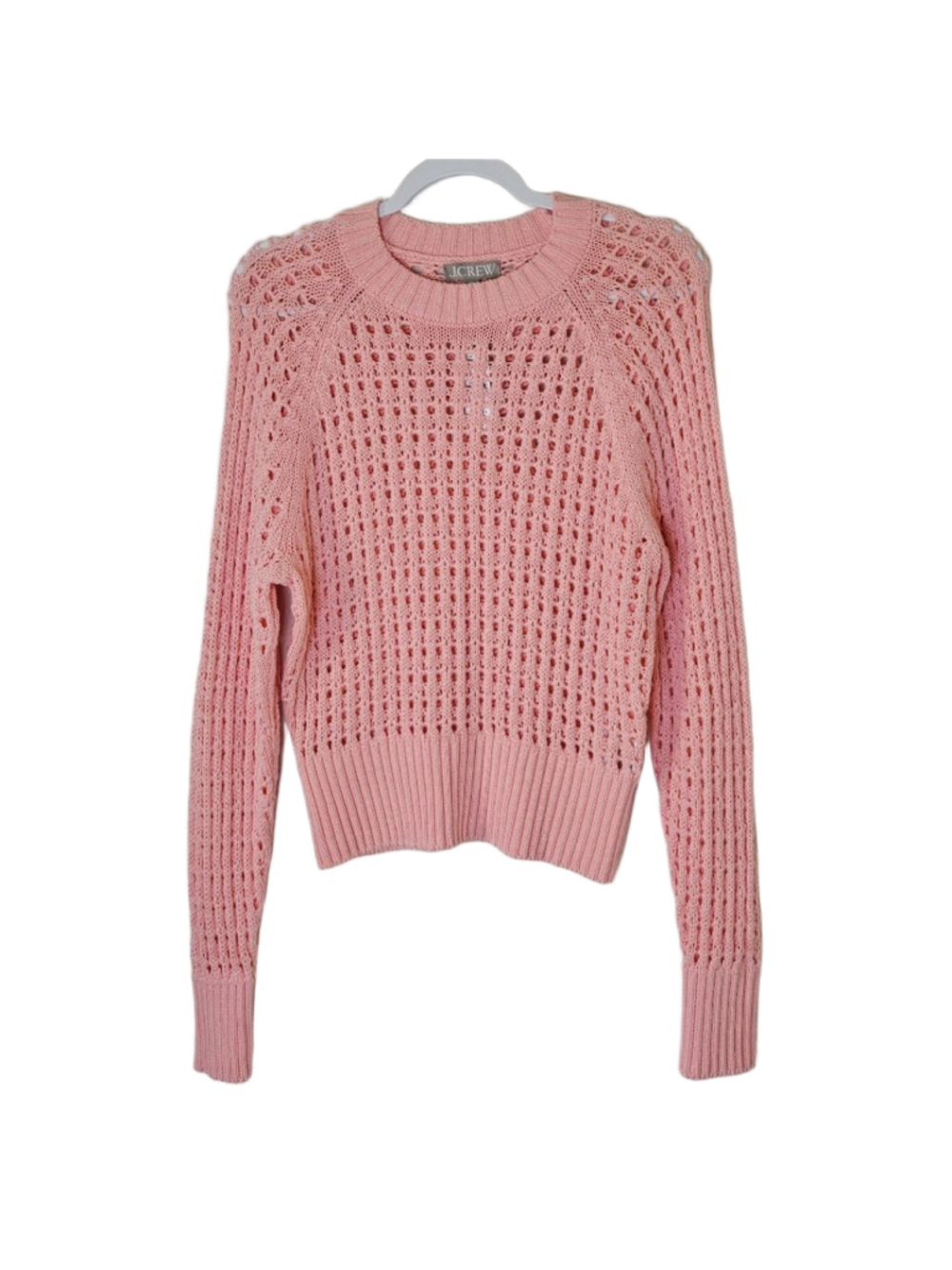 J.CREW Pointelle Open Knit Crew Neck Sweater S Brilliant Peony Beach Festival - Picture 2 of 10
